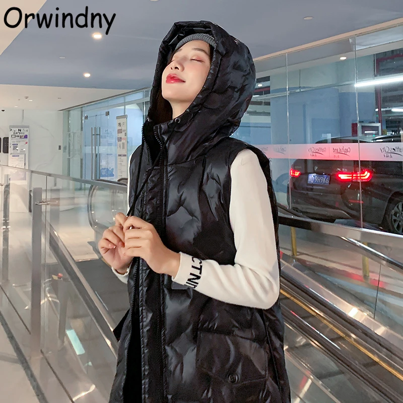 

Orwindny Long Warm Waistcoat Female Cotton Padded Vest Coat Snow Wear Women Sleeveless Parka Solid Hooded Clothing