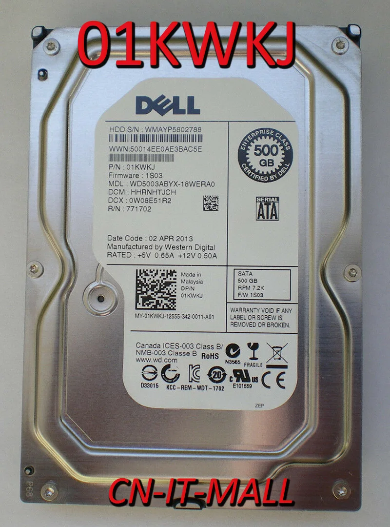 

Pulled 01KWKJ 1KWKJ WD5003ABYX 500GB 7200 RPM 64MB Cache SATA 3.0Gb/s 3.5" Internal Hard Drive