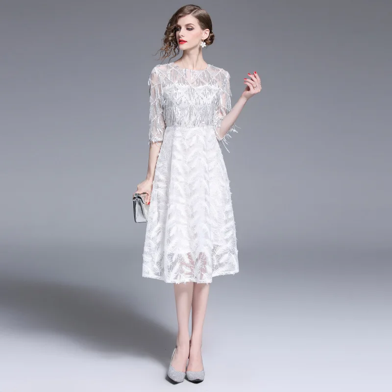 S xxl весенне летнее женское платье украшенное бисером с кисточками перьями