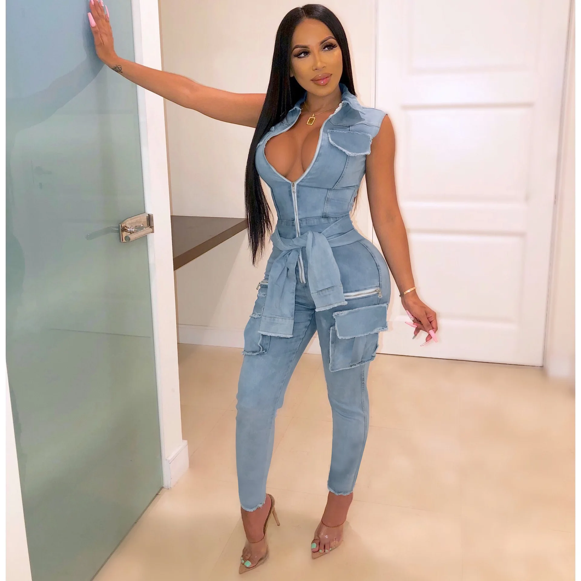 Летний сексуальный женский джинсовый комбинезон большого размера без рукавов на