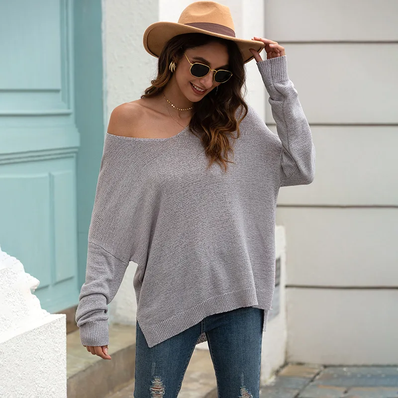 

2021 autumn new product knit sweater European and American loose plus size women's v-neck off-the-shoulder pullover sweater