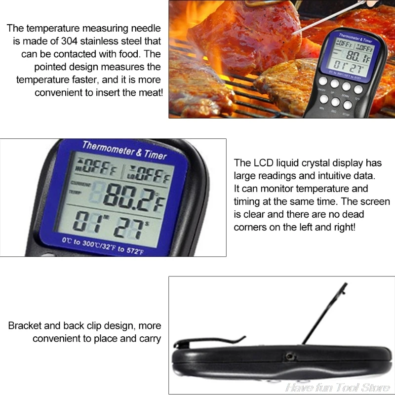 

Food Meat Cooking Kitchen Thermometer for Smoker Grill Oven BBQ Clock Timer with Stainless Steel Probe Kitchen Tool M09 21