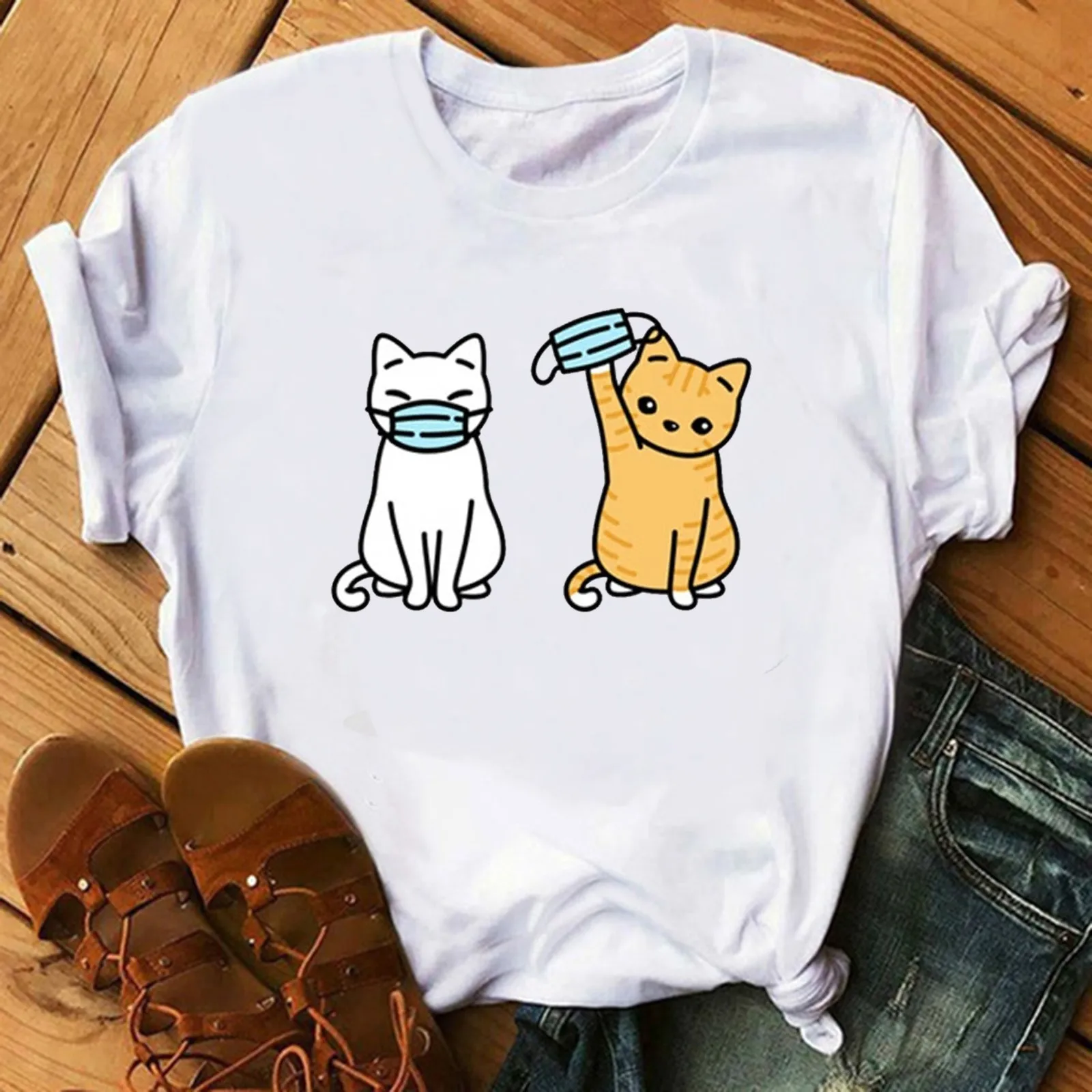 

Cat Printed Oversized Women T-shirt Short Sleeve Tops Tee Harajuku Graphic Clothes Fashion Lady 90s Tshirts Casual Summer Top