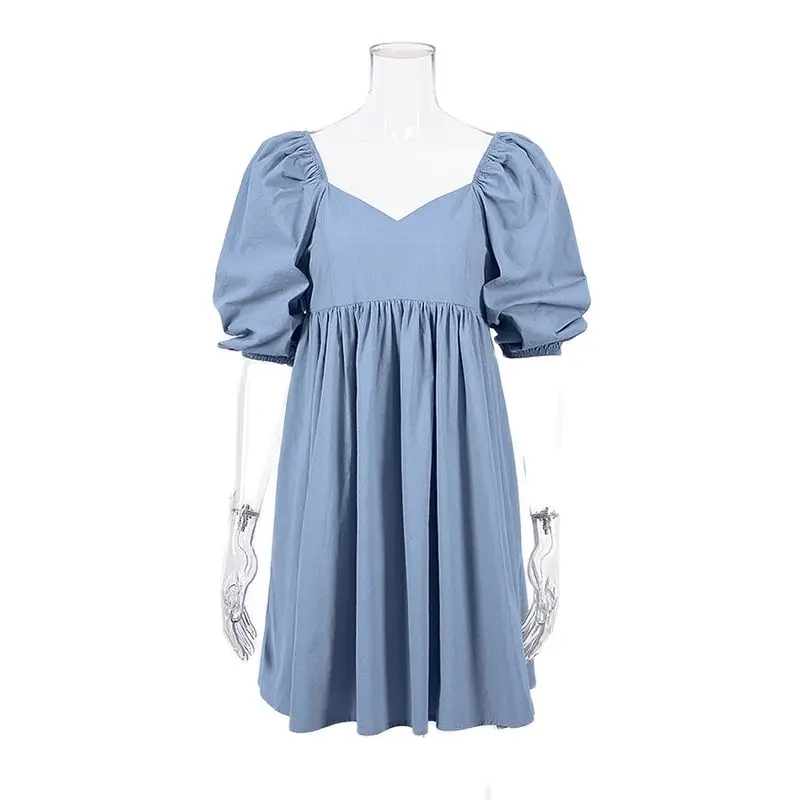 

Cotton Summer Mini Dress Women Solid V-neck Puff Sleeve A-line High Waist Loose Dresses Female 2021 Fashion Ladies Vestidos