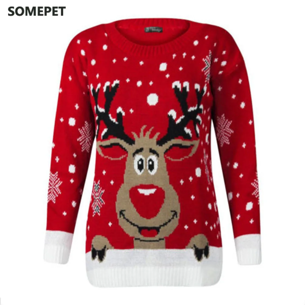 

Ladies Casual Pullover Large Size Christmas Sweater Ugly Deer Warm Loose Long Sleeve Knit Sweater O-Neck Santa Bottoming Sweater