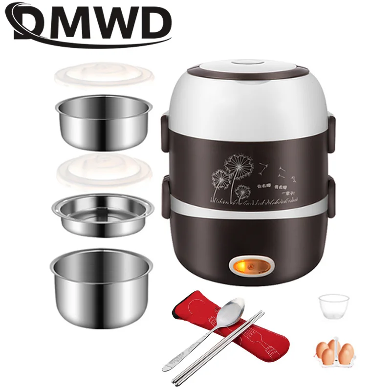 

DMWD Portable Electric Heating Lunch Box Mini Rice Cooker Stainless Steel 3 Layers Food Steamer Picnic Meal Container Warmer EU