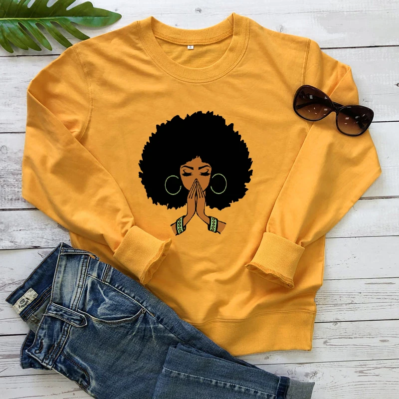 

Colored Black Woman Praying Sweatshirt Trendy Long Sleeve Graphic Afro Lady Pullovers Autumn Women Jumper Grunge Sweatshirts