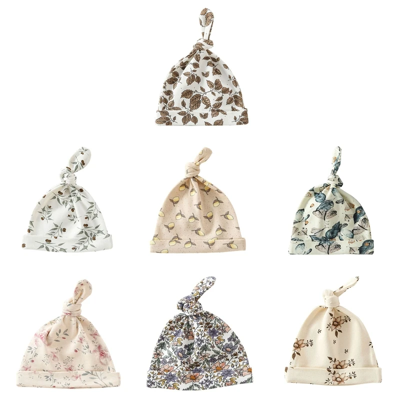 

2021 New Baby Soft Cotton Hat Newborn Cute Tail Knotted Beanie Flower Printed Bonnet