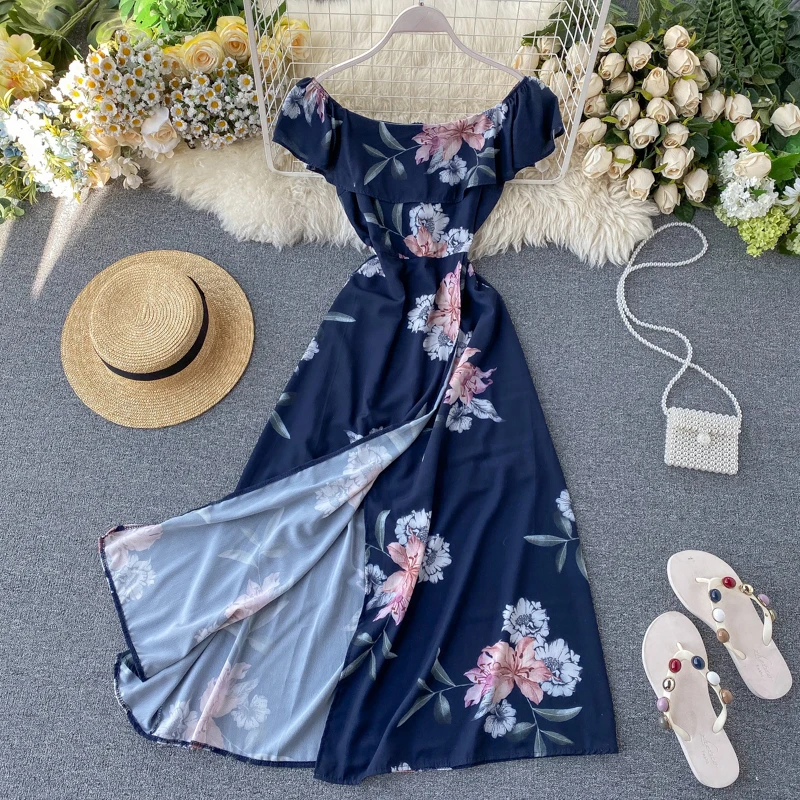 Boho оборками сексуальное платье с открытыми плечами 2021 Цветочный принт Летнее