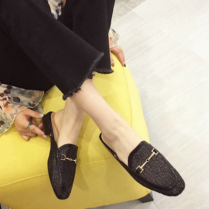 New Fashion Women Mules Slipper Low Heel Slip On Slide Sandals Cane Woven Beach Summer Slippers Flat Sandals