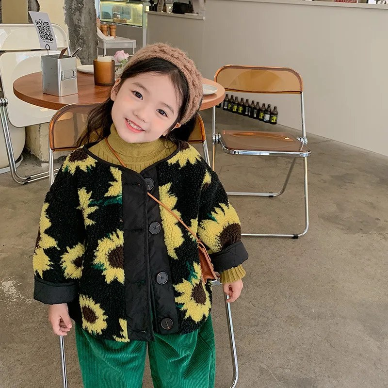 

Girls Baby's Kids Coat Jacket Outwear 2021 Sunflower Thicken Velvet Winter Autumn Cotton Fleece Sport Overcoat Children's Clothi
