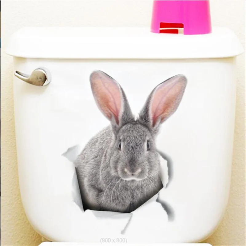 

1PCS Cartoon Hole Pet Series Simulation 3D Gray Rabbit Toilet Wall Stickers For Refrigerator Car DIY Decoration On The Bathroom