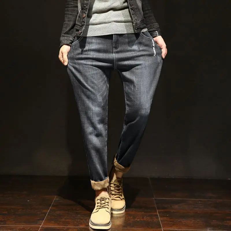 Warm Men's Jeans 2021 New Classic Business Casual Thickened Elastic Brand Pants Blue Black Jeans Korean Trend