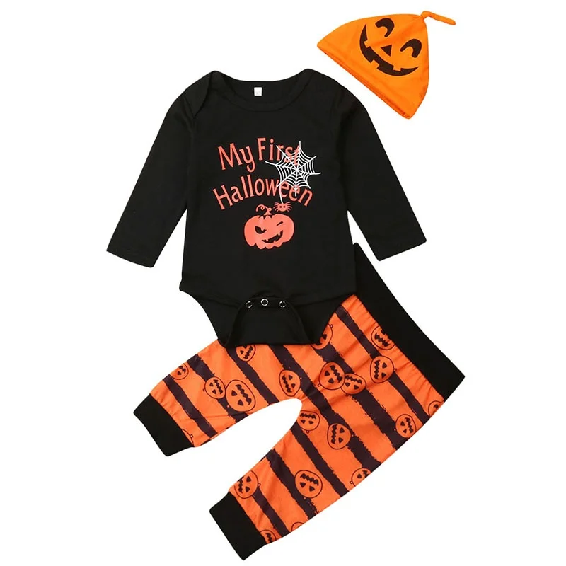 Baby Boy Girl Long Sleeve Halloween Pumpkin Print Romper Tops Trousers Hat Outfits Clothes | Детская одежда и обувь