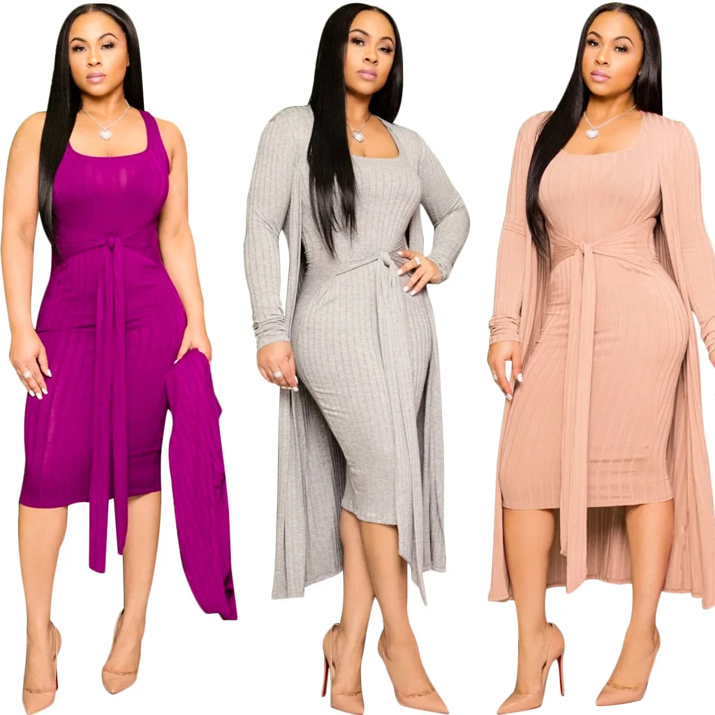 

Women's dress fashion sexy suit new solid color pit strip long-sleeved cloak + two-piece dress