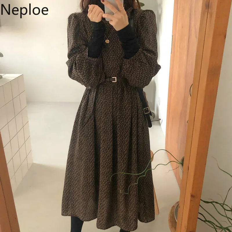 Neploe корейское шикарное платье с высокой талией и поясом принтом о-образный вырез