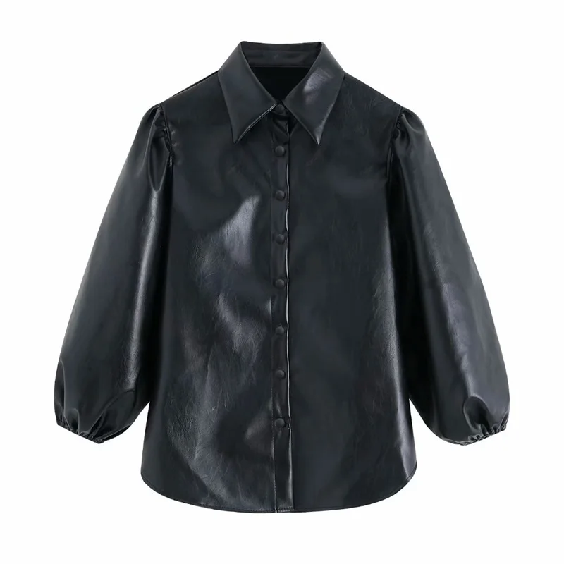 

MESTTRAF Women 2021 Sexy Faux Leather Buttons Blouses Vintage Lapel Collar Long Sleeve High Street Female Shirts
