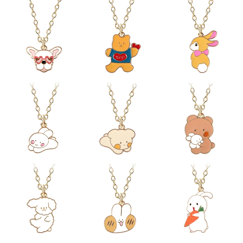 

New Women's Simple Necklace Cute Animal Bear Rabbit Carrot Pendant Alloy Metal Chain Children's Fashion Jewelry Birthday Gift