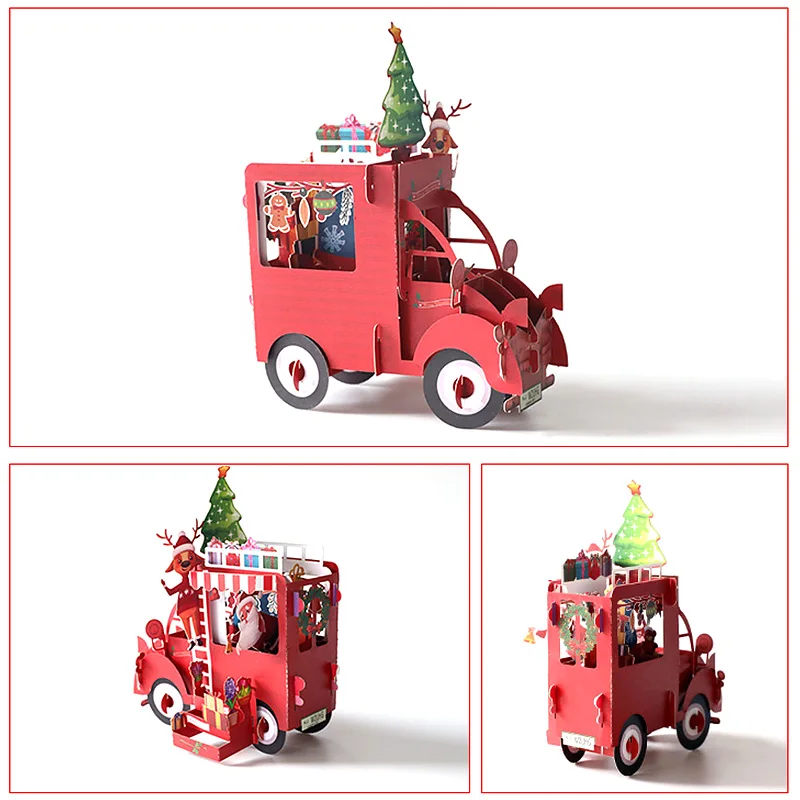 

3D Pop Up Merry Christmas Greeting Cards Flowers Car Santa Claus Papel Kraft Invitation Card Birthday Party Christmas Card Gifts
