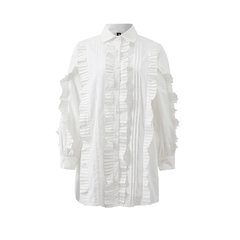 

CHICEVER White Vintage Shirt For Women Lapel Long Sleeve Ruched Patchwork Designer Solid Blouses Female Fashion 2021 Summer Tide
