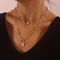 retro alloy gold color double layer lock key metal pendant necklace for women fashion new chain choker all match party jewelry