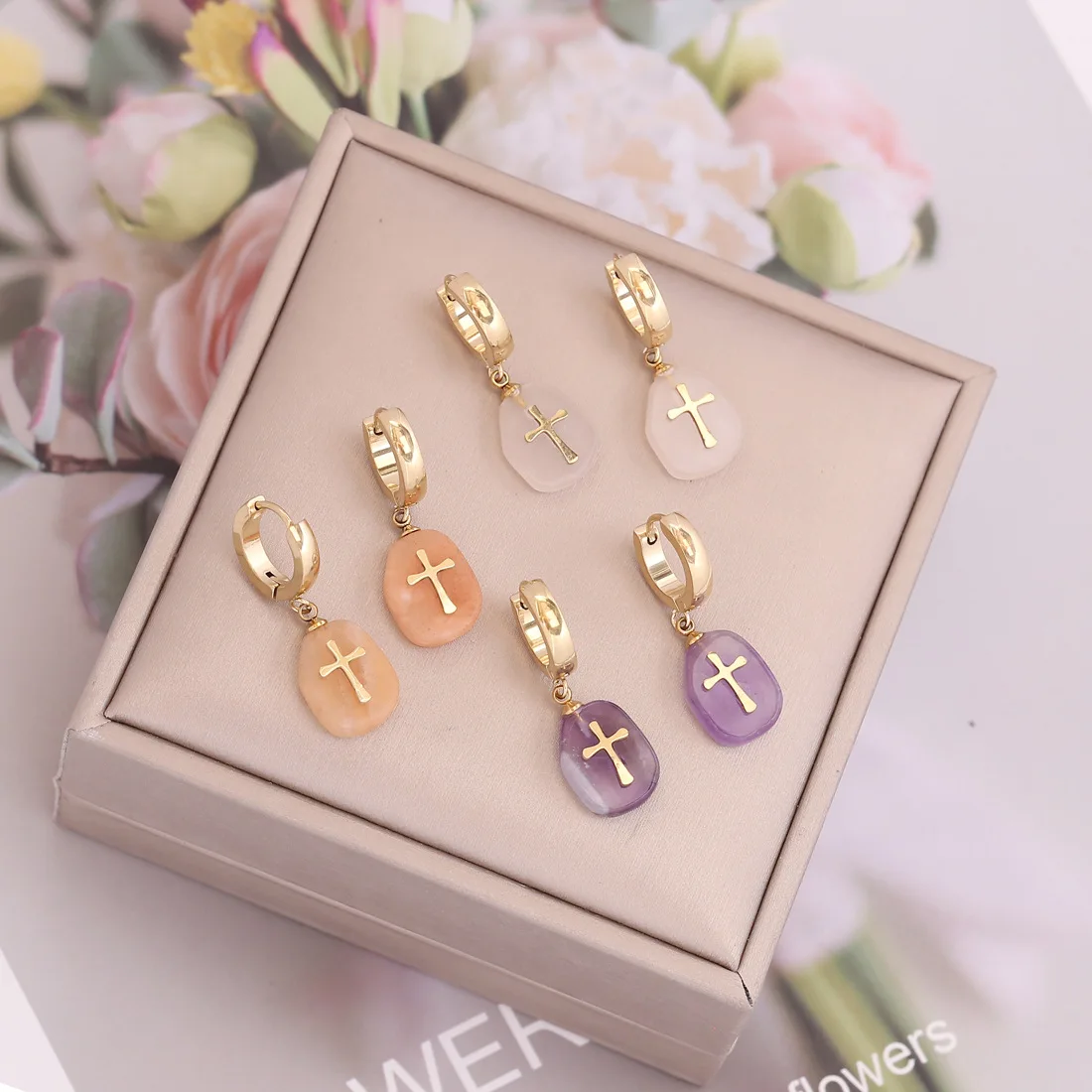 

Fashion Natural Earrings for Women New Trendy Stone Stainless Steel Cross Hoop Earrings Personalized Women Jewelry for Party