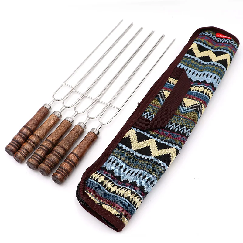 

5pcs Portable Russian Style Sharp Roasting Forks with Bag Camping Hot Dog Skewers Stainless Steel BBQ Forks Barbecue Tool BBQ
