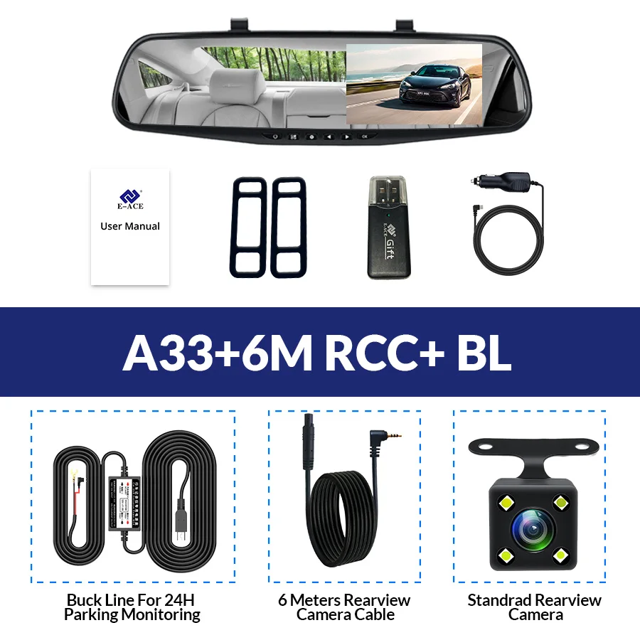 E-ACE Автомобильная Dvr камера FHD 1080P Dash Cam 4,3 дюймов зеркало заднего вида видео регистратор с камерой заднего вида видеокамера Авто Регистратор