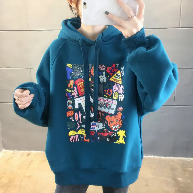 

Harajuku Oversized Sweatshirt Cute Cartoon Print Ladies Hoodie Korean Fashion Velvet Warm Winter Clothes Women