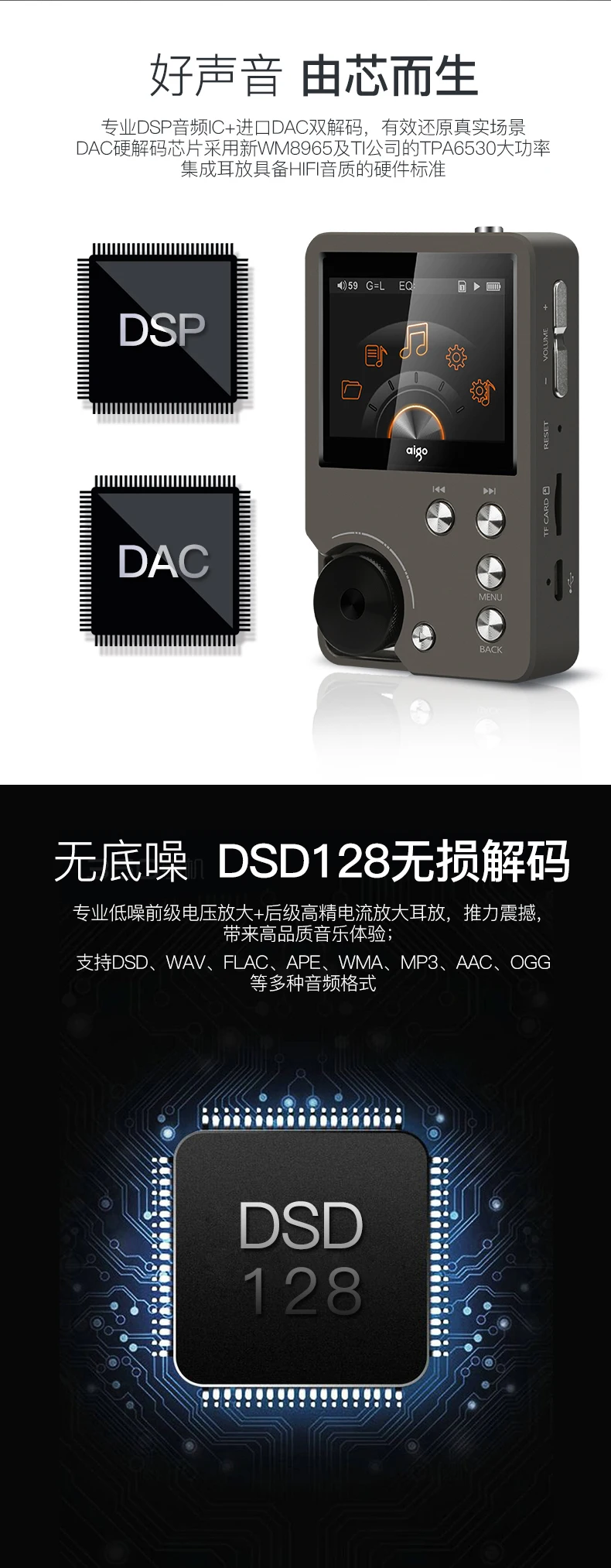 Aigo MP3-105plus Hi-res Цифровой музыкальный плеер Hifi Flac плеер портативный MP3 плеер мини плеер без потерь музыка с осыпками