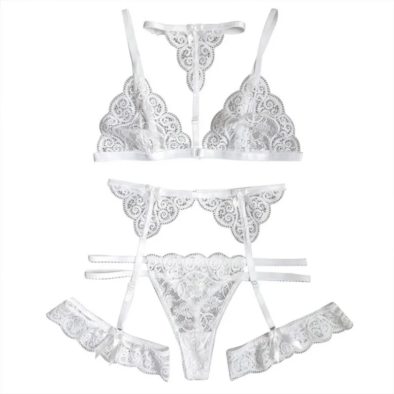 

Women's Erotic Underwear 3XL Plus Size Nightdress Set For Ladies Sexy Hollow Lingerie 3pc Garter Panties Underwears Set