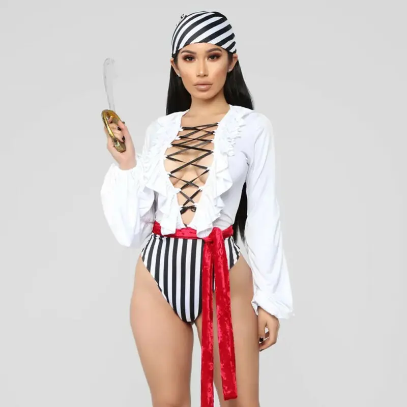 Сексуальный пиратский костюм Buccaneer Женский на Хэллоуин Джек Воробей боди + пояс 2