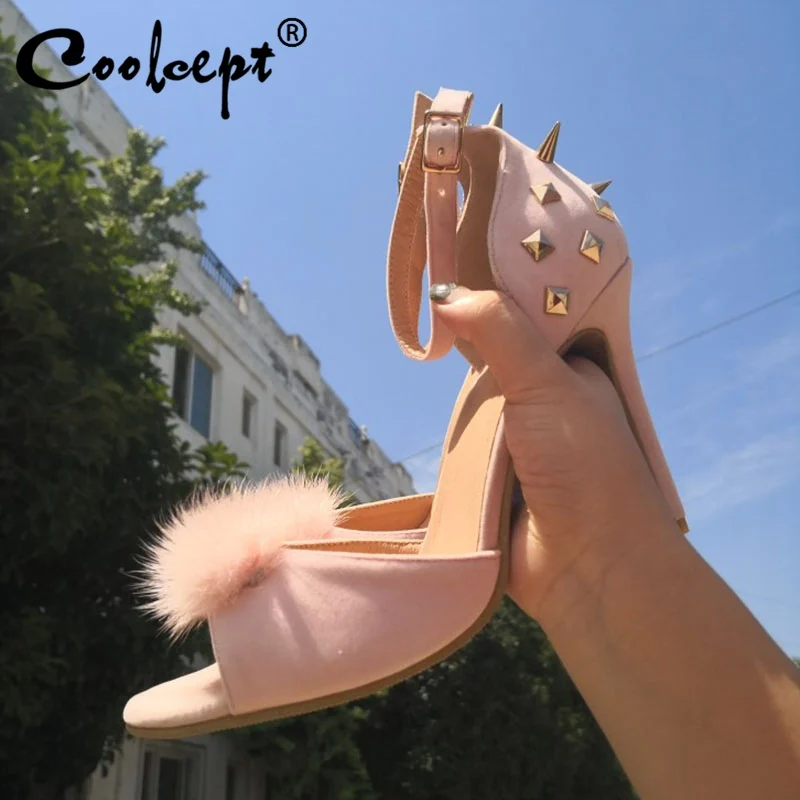 

Coolcept Plus Size 35-47 Women High Heel Sandals Fashion Rivets Peep Toe Summer Shoes Women Metal Buckle Wedding Footwear