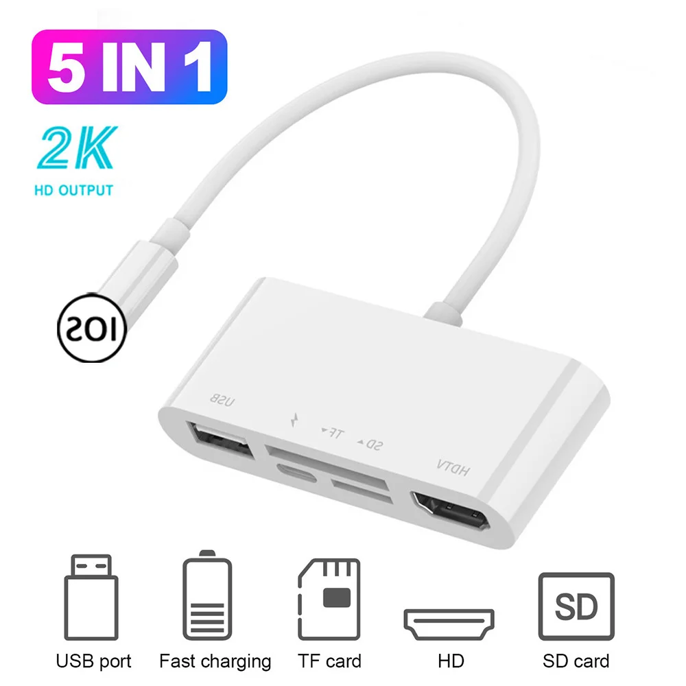 

5 In 1 OTG Adapter Digital AV SD/TF Card Card Reader Interface To HDMI-Compatible Adapter 2K 1080P For IPhone/IPad IOS 10 Above