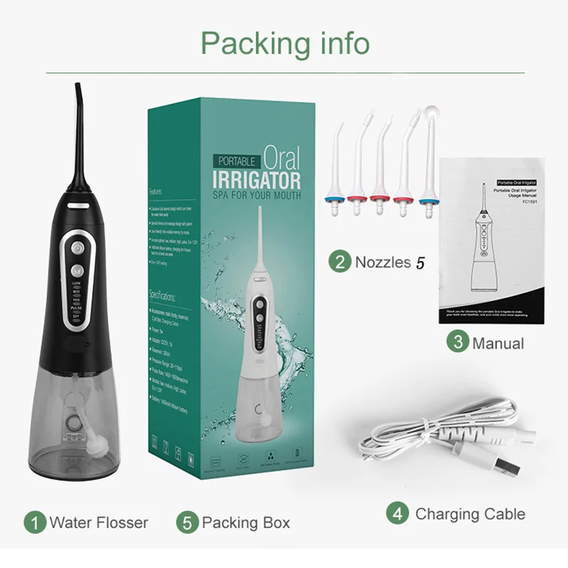 

Oral Irrigator Water Flosser Cordless Dental USB Rechargeable Waterproof 300ml Portable 5 Modes 5 Jet Tips Teeth Cleaner