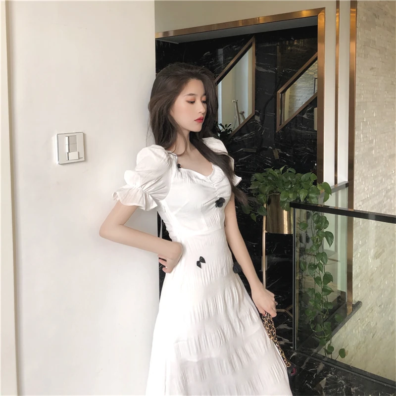 

Elegant Solid Color Women Summer Dresses Vintage V-Neck Fairy Skirt Mini Dress Casual Puff Short Sleeve Dress Y428