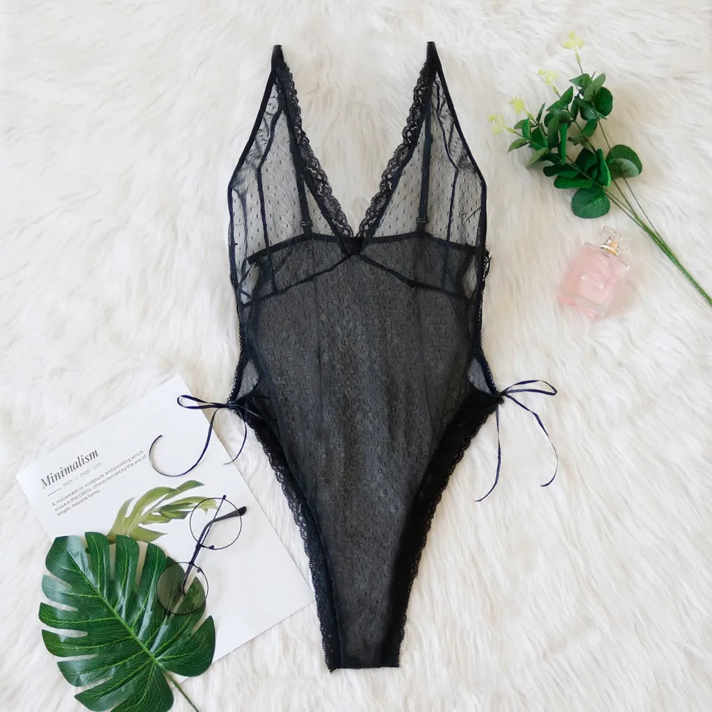 New Fashion Ladies Bodysuits Women Body Sexy Femme Connected Spot Mesh Underwear Bodysuit V-Neck Teddy Bandage Lingerie Solid |