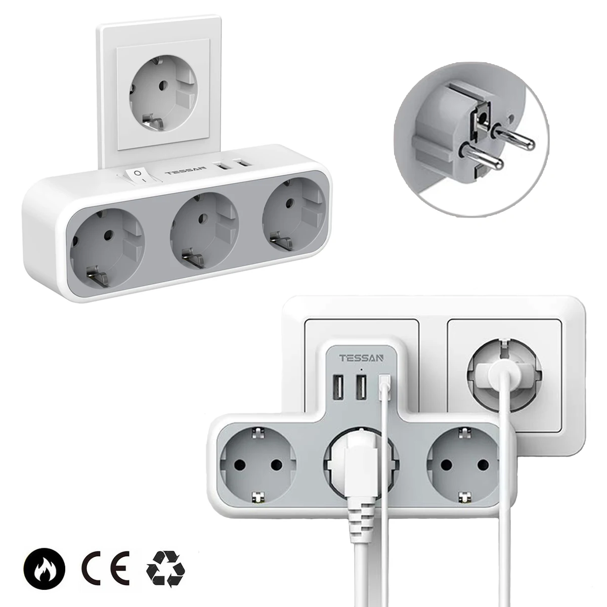TESSAN USB Plug Power Strip Three Thief Plugs &amp 3 Ports (2.4A) EU Multiple Adapter Compatible with Phone Tablet Mp3 | Электроника
