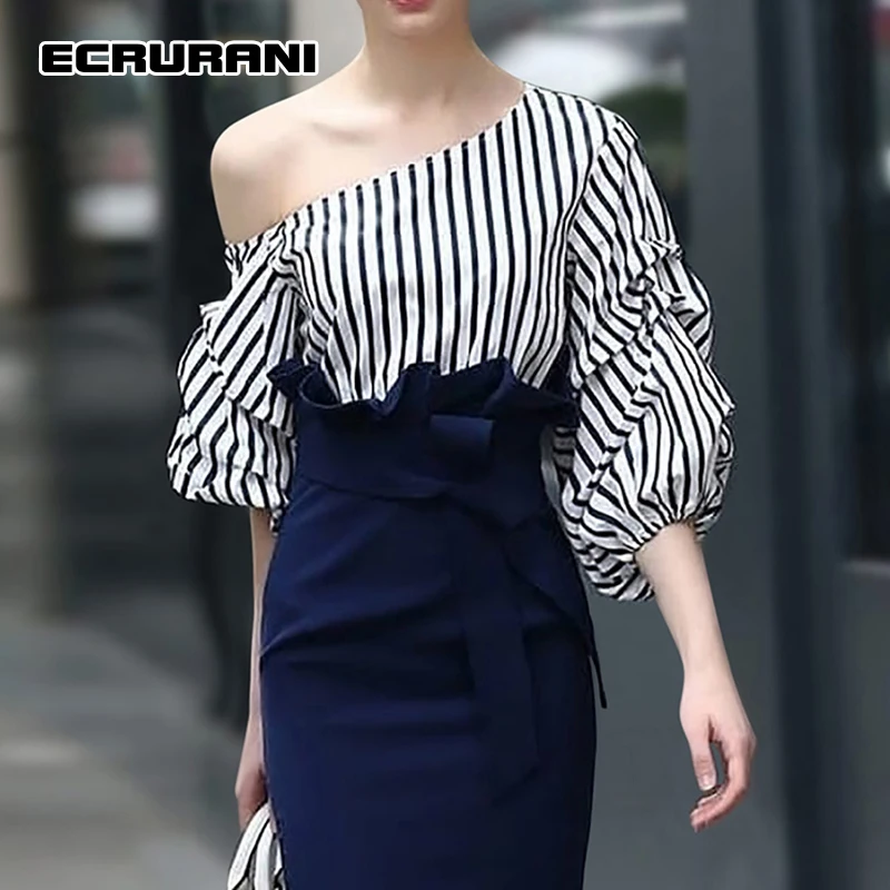 

ECRURANI Elegant Two Piece Set For Women Skew Collar Long Sleeve Striped Shirt High Waist Mid Skirts Slim Sets Female 2021 Tide
