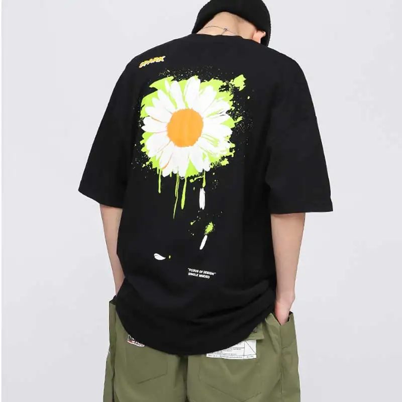 

Men T-Shirt Chrysanthemum Print Summer Oversized t-shirts Hip Hop Loose Tees Tops Half Sleeve Cotton Man Clothing Drop Shipping