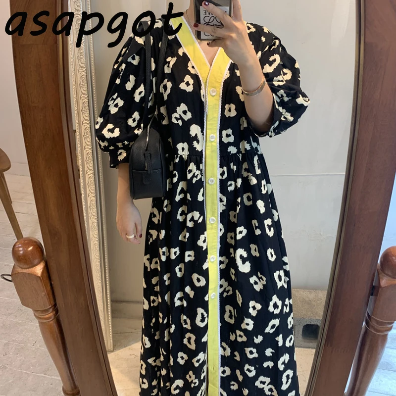 Платье Asapgot женское с леопардовым принтом однобортное кружевное V-образным