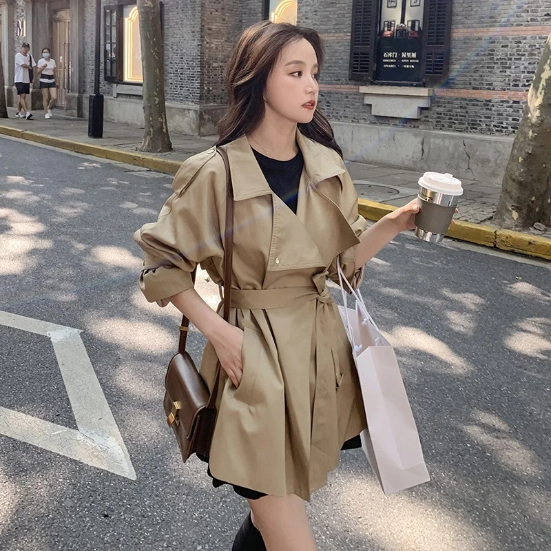 

Женский короткий тренчкот с поясом, повседневная элегантная Ветровка цвета хаки в Корейском стиле с длинным рукавом, весна-осень 2021