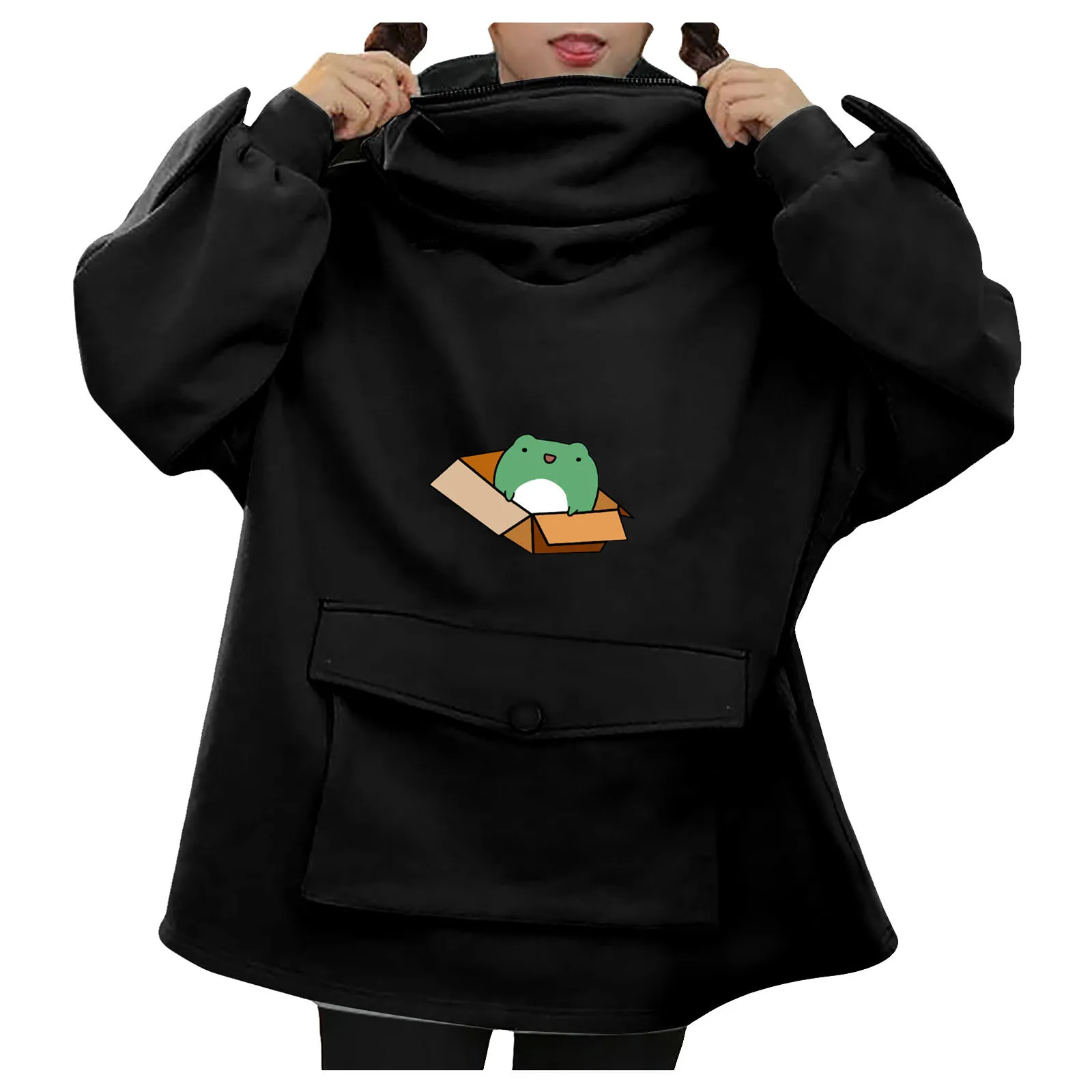 Oversized Hoodie frog Sweatshirts Women Girls Hoodies Zipper Mouth Hooded Pullover Sweatshirt With Pocket Ropa De Mujer 2021