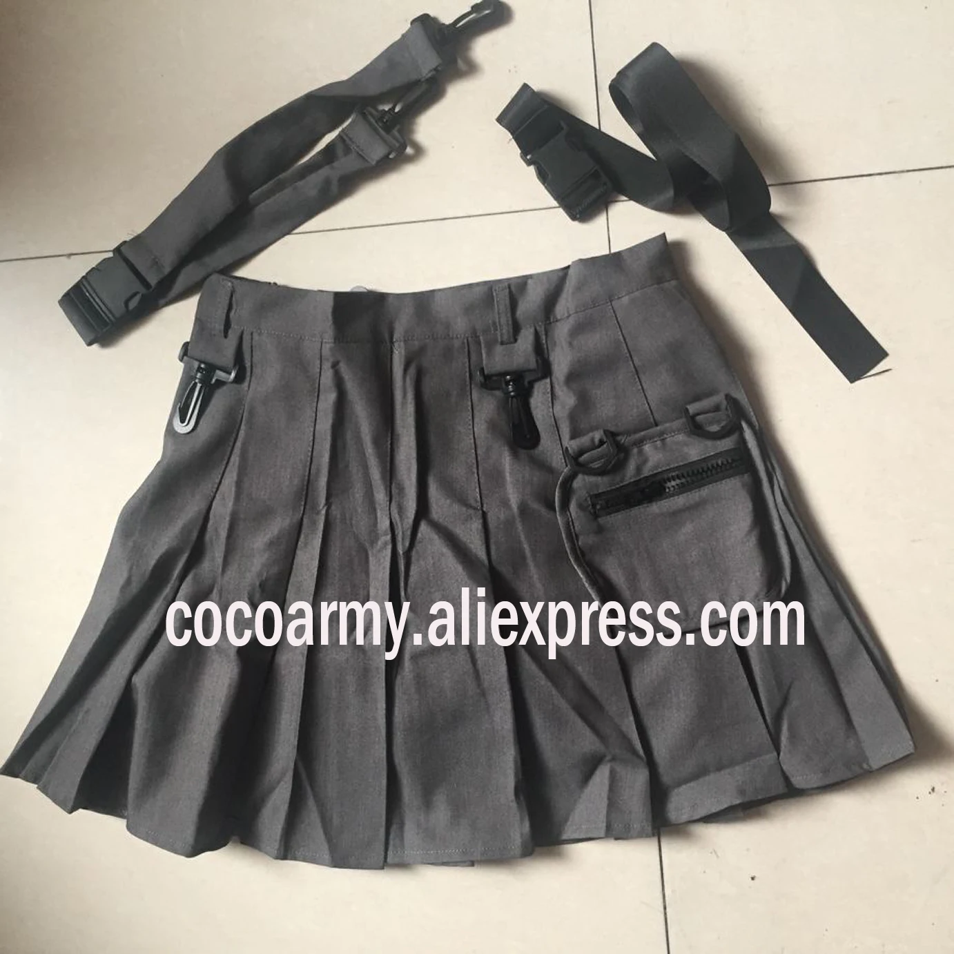 grey set Элегантная плиссированная мини-юбка с завышенной талией на молнии и ленточным карманом в Корейском стиле Харадзюку для женщин в готическом стиле, в стиле хип-хоп, в стиле панк - Цвет: grey set
