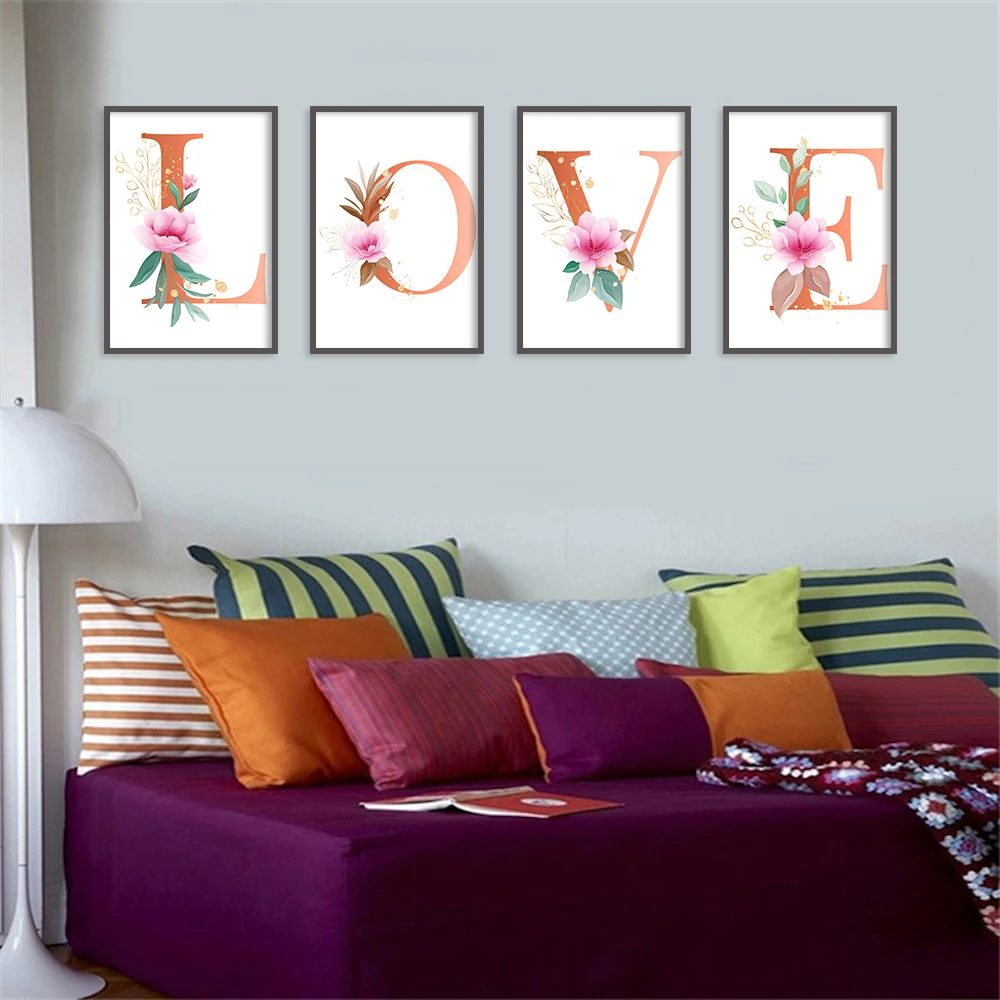 

Flowers Wall Art Pictures For Girls Room Decoration Personalized Poster Baby Name Custom Canvas Painting Nursery Prints Pink