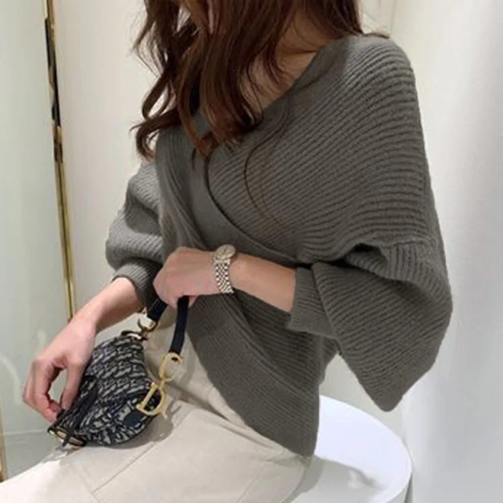 V Neck Twisted Back Sweater Women Korean Elegant OL Chic Knitted Pullovers Casual Tops Long Sleeve Solid Loose Jumper pull femm | Женская