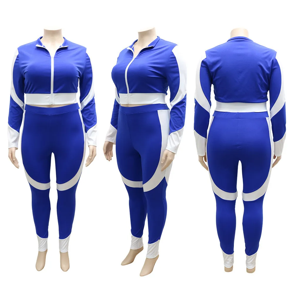 

ZJFZML ZZ Women Clothing 2 Piece Set Plus Size Color Block Patchwork Long Sleeve Top and Skinny Legging Dropshipping Wholesale