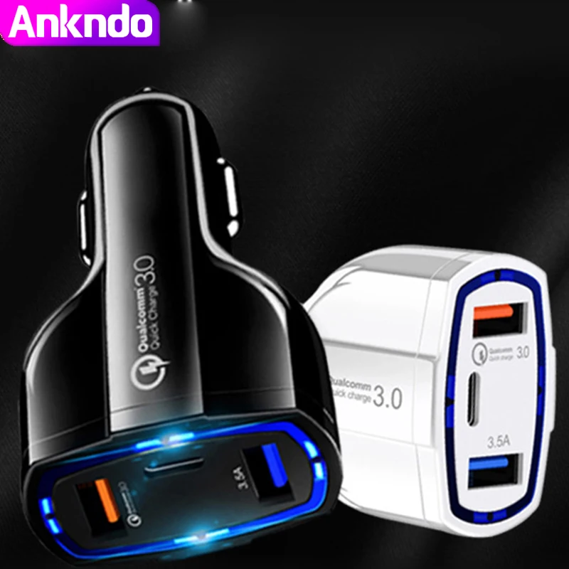 

ANKNDO 30W 3-Port Qc 3.0 Usb Car Charger Device Type C Fast Charging For iphone 12 Xiaomi Huawei Samsung Usb-C Tablet