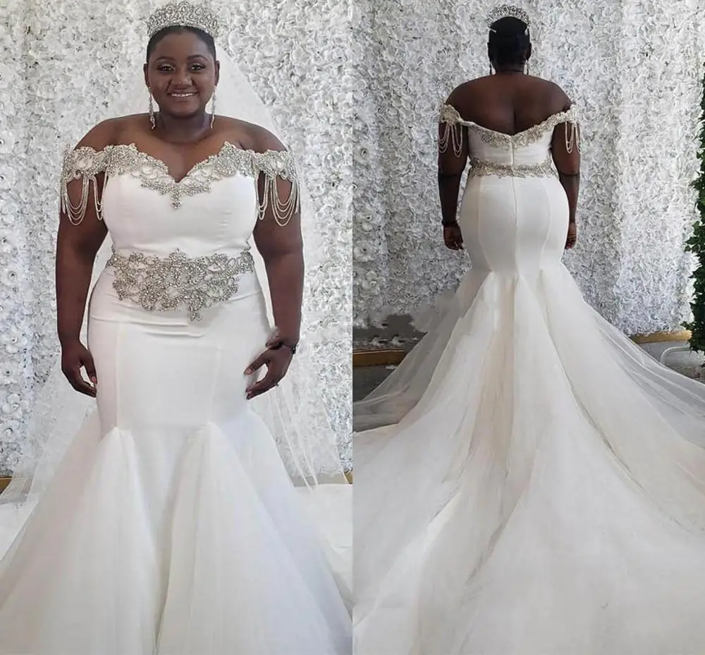 

Plus Size Mermaid Wedding Dresses 2021 Beaded Crystal Tassel Sweep Train African Queen Bridal Garden Wedding Gown robe de mariée