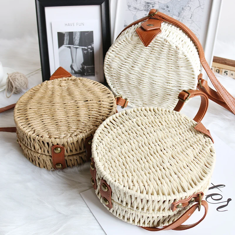 Женская плетеная Сумка из ротанга круглая Соломенная пляжная сумка ручной